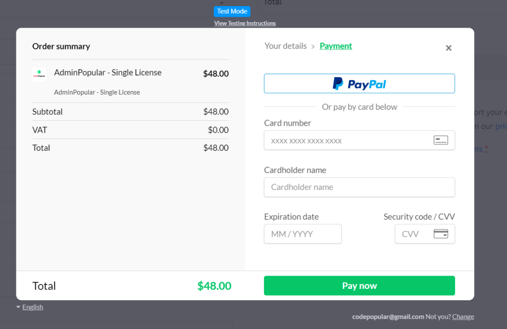 Paddle Sandbox Payment Window