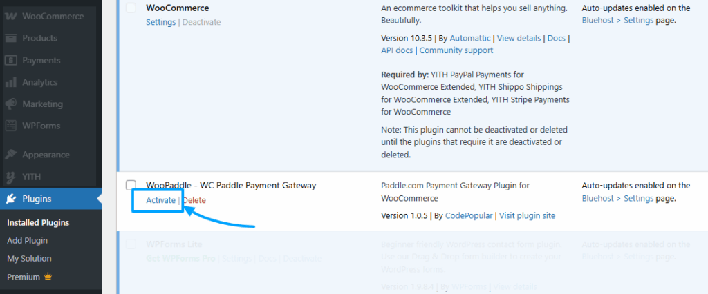 Activce Woopaddle from plugin page