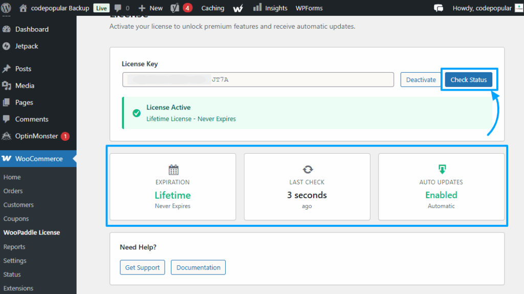 The Complete Guide to Sell Digital Products with WooCommerce Using Paddle 12 Paste WooPaddle License placement and checkup