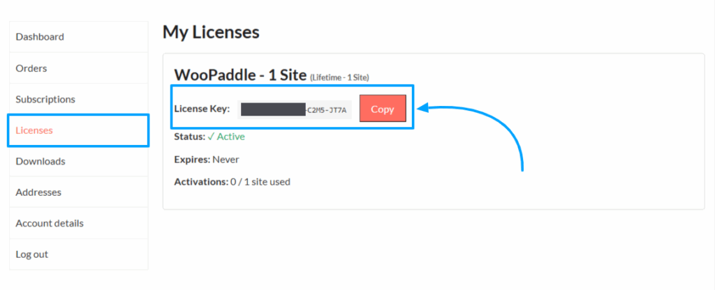 The Complete Guide to Sell Digital Products with WooCommerce Using Paddle 11 Copyying license for WooPaddle from My Account