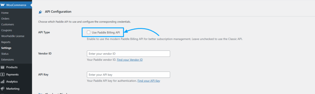 unchecked the billing api option for woopaddle