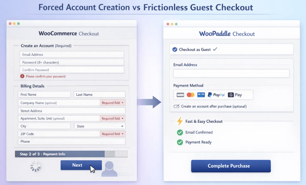 Top 7 Checkout Mistakes That Kill Sales and How Paddle Fixes Them 3 Forced account creation vs guest checkout option to remove checkout mistake
