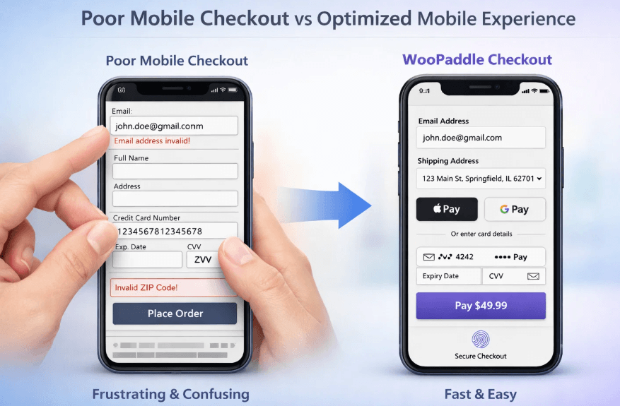 Top 7 Checkout Mistakes That Kill Sales and How Paddle Fixes Them 5 Poor mobile optimized checkout vs WooPaddles optimized checkout experience