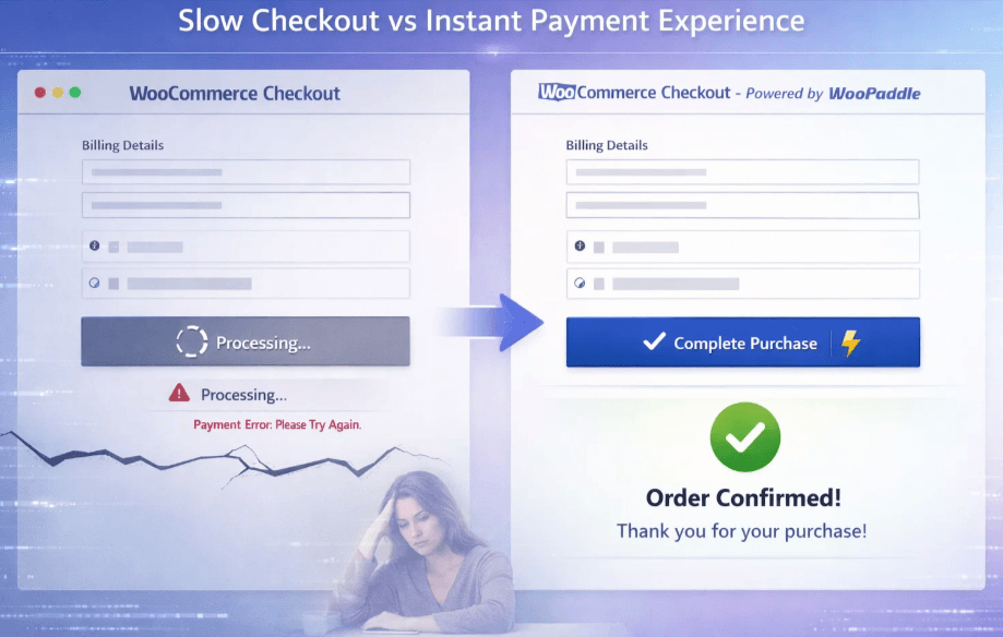 Top 7 Checkout Mistakes That Kill Sales and How Paddle Fixes Them 6 Slow checkout vs WooPaddle fast checkout experience