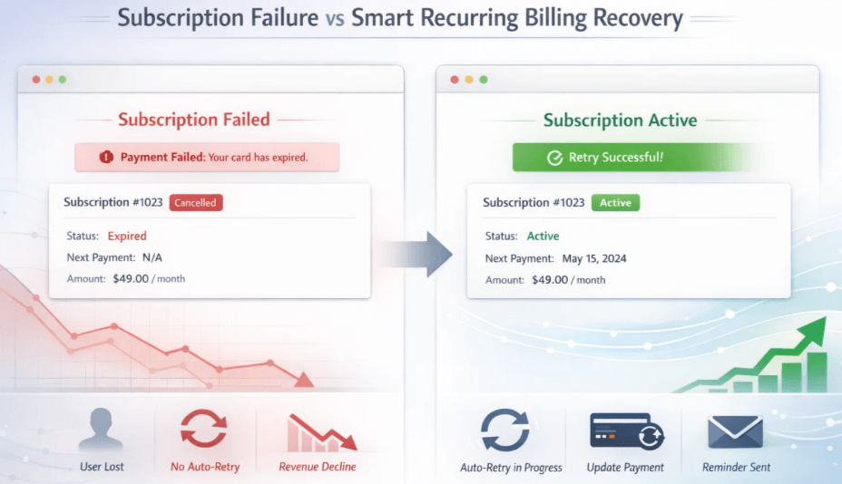 Top 7 Checkout Mistakes That Kill Sales and How Paddle Fixes Them 7 Subscriprion failure vs smart recurring billing recovery