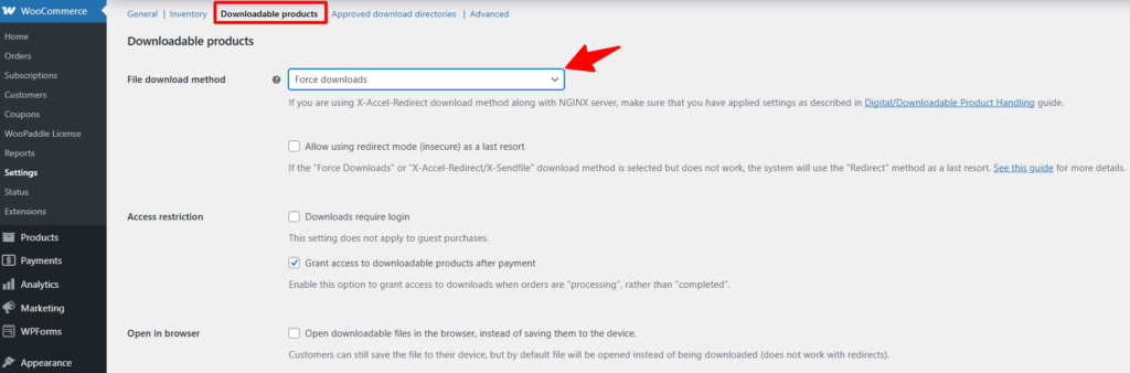 The Complete Guide to Sell Digital Products with WooCommerce Using Paddle 4 Slecting file download method in WooCommerce