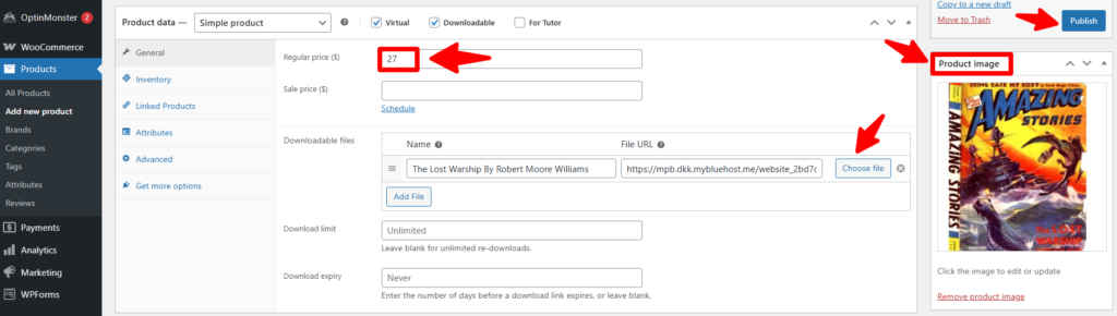 How to Sell PDFs Online With Paddle in WooCommerce 20 Seting the price image and uploading the pdf on WooCommerce