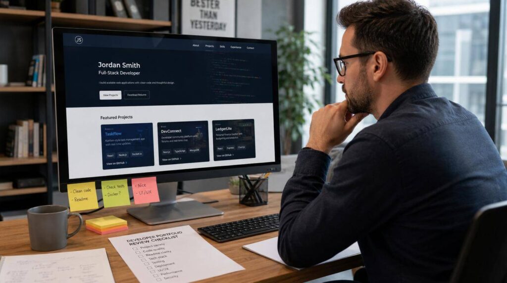 How to Find the Best WordPress Coder for Hire 4 Hiring manager reviewing WordPress coder for hire portfolio on monitor with checklist and evaluation notes on desk