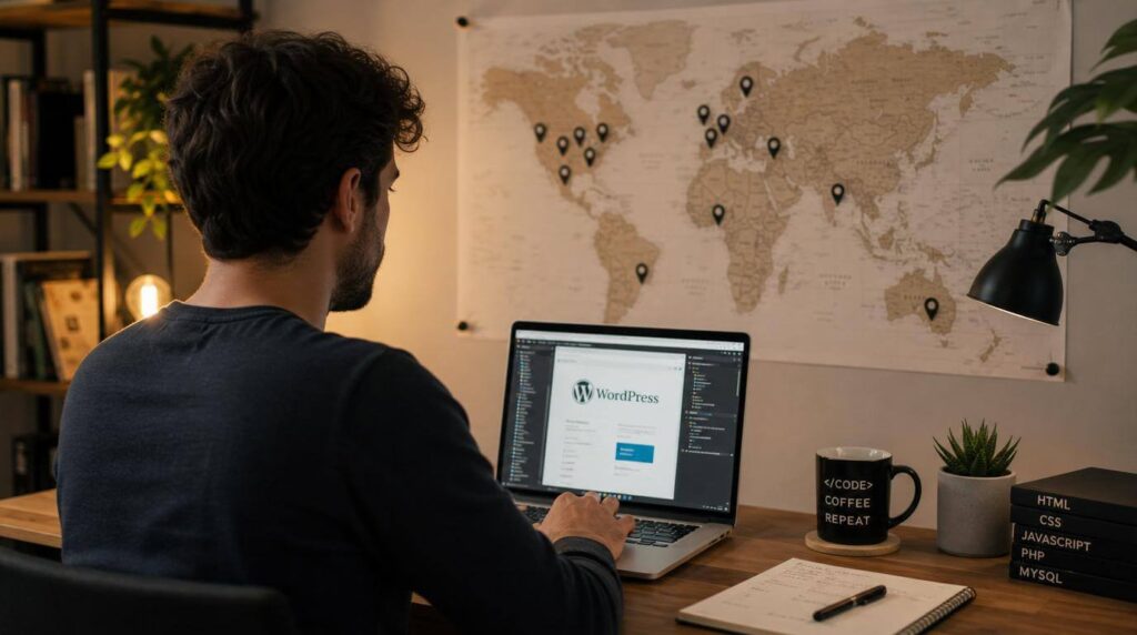 How to Find the Best WordPress Coder for Hire 3 WordPress coder for hire working remotely on laptop with world map showing global WordPress developer hiring locations