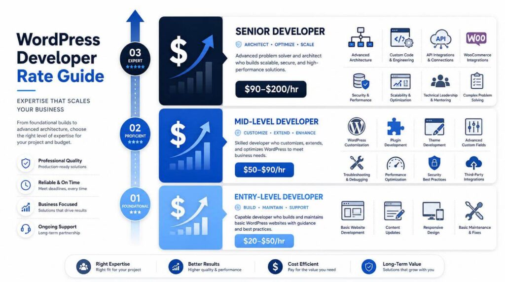 How to Find the Best WordPress Coder for Hire 2 WordPress developer hourly rate breakdown showing entry mid level and senior tiers for WordPress coder for hire